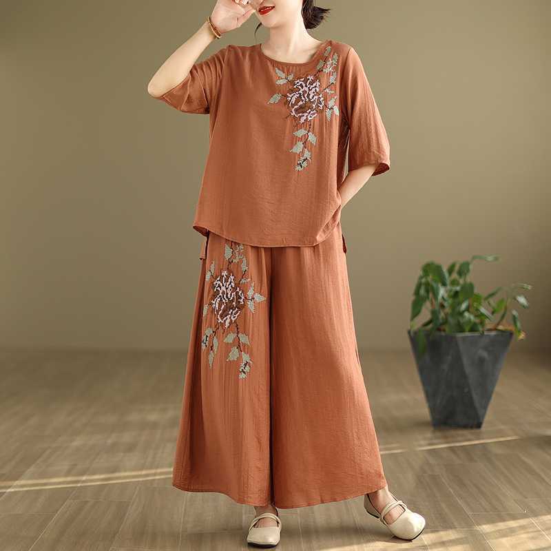 Summer Linen Casual Shirt and Pants Set for Women Retro Light Thin Embroidered Ramie Top Trousers Loose Outfits
