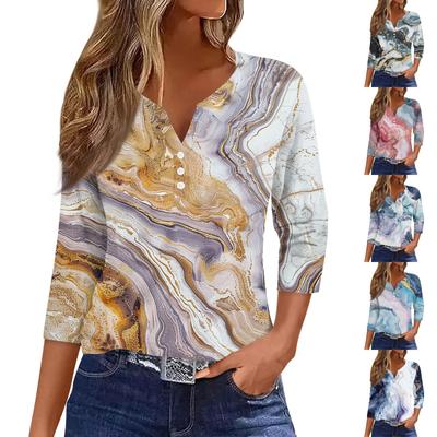 Women's T Shirt Tee Print Button 3/4 Sleeve Daily Weekend Fashion Basic V- Neck Regular Top