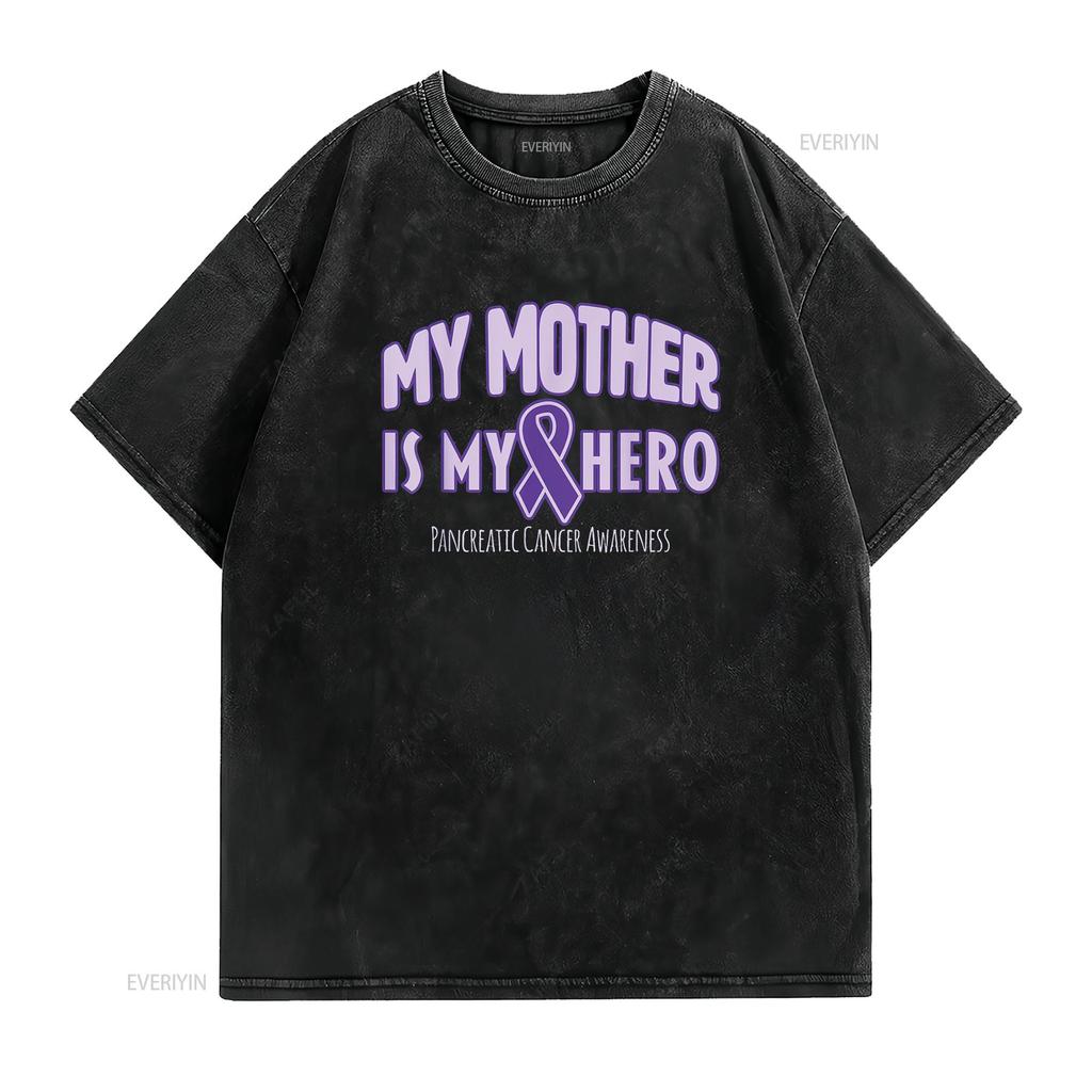 Womens My Mother Is Hero Pancreatic Cancer Awareness T Shirt Black Vintage Washed Slightly Fashion Soft Stylish Homme Graphic