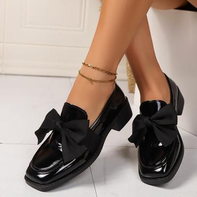 Autumn New Bright Leather Bow Small Leather Shoes Square Head Low Heel Comfortable One Pedal Large Size Small Single Shoes