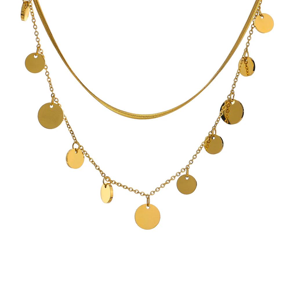 

Yhpup Trendy Coin Round Pendant Necklace Chain for Women Stainless Steel Waterproof Collar Metal Texture Fashion Jewelry