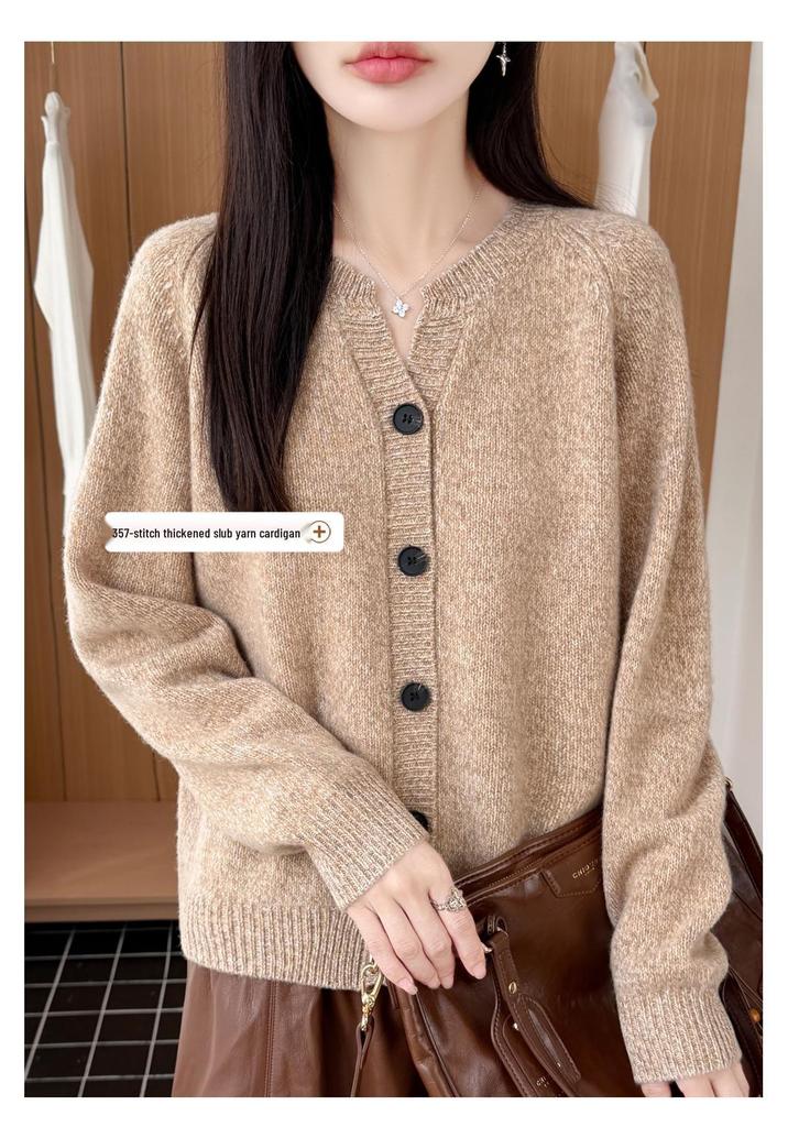 Autumn/Winter Pure Wool Thick V-Neck Long Sleeve Heather Yarn Cardigan Sweater