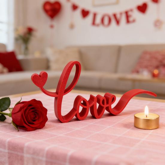 Love Desk Ornament 3D Printed Red Letter Table Sign Valentine's Day Freestanding Tabletop Decor for Living Room Bedroom Mantel Shelf Decor