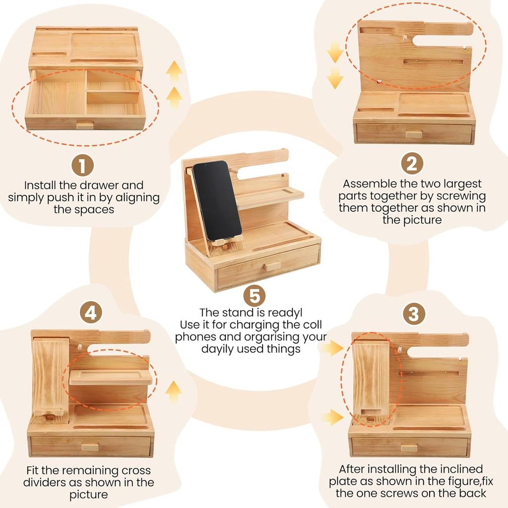 Wooden Bedside Organiser with Detachable Phone Stand & Drawer,Bedside Docking Station Gifts for Men women,Key Holder Wallet Phone Desktop