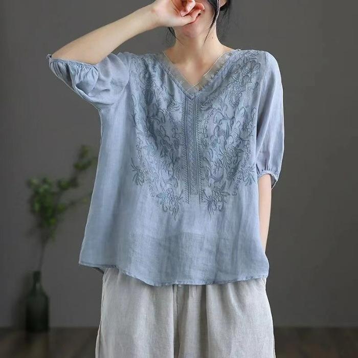 Retro Thin Blouse Women's Short-sleeved Shirt Summer Loose V-neck Temperament Cotton and Linen Shirt Apricot