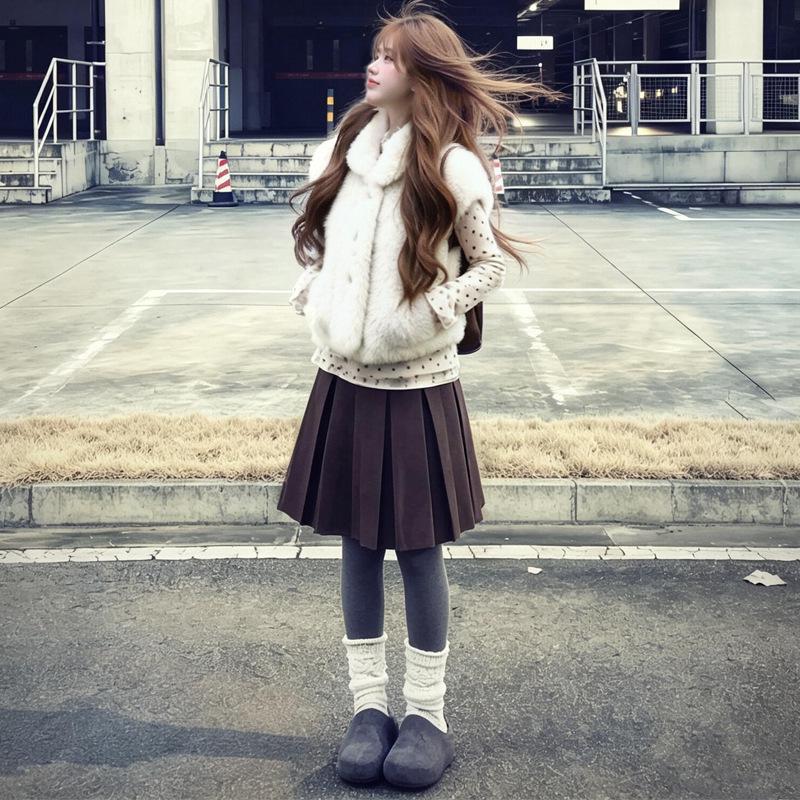 Gonna midi plissettata grigia in lana a vita alta da donna - Stile coreano a trapezio Autunno/Inverno