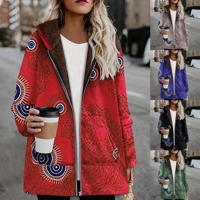 Winter Warm Plus Size Women Casual Printed Hooded Coat Thicker Retro Outwear with Pockets Zipper