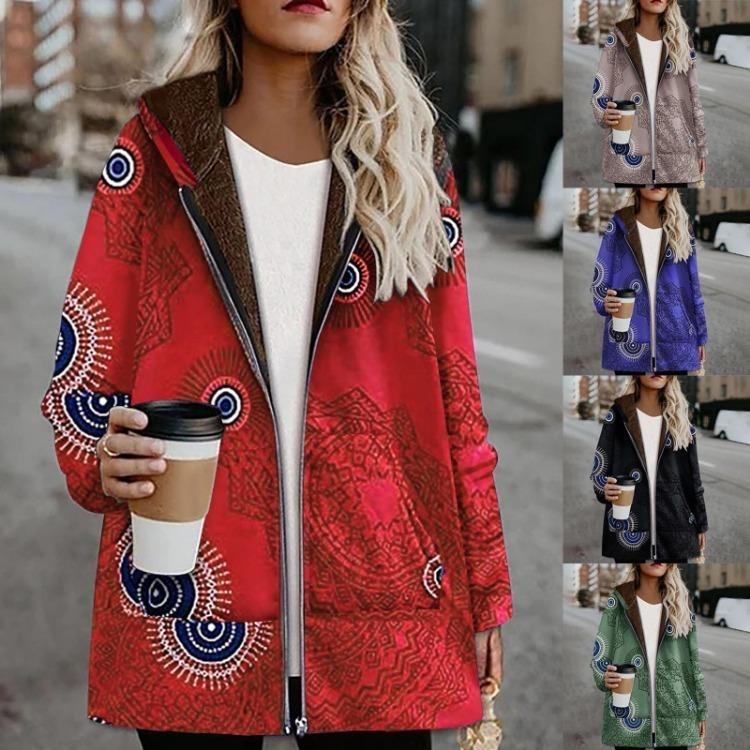 Winter Warm Große Größen Damen Freizeit Kapuzenmantel mit Aufdruck Dicker Retro Überzieher mit Taschen Reißverschluss