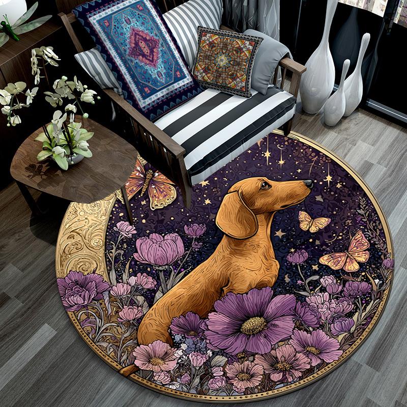 Dachshund Butterflies Round Area Rug,Carpet Rug for Living Room Bedroom Sofa Playroom Decor,Non-slip Floor Mat