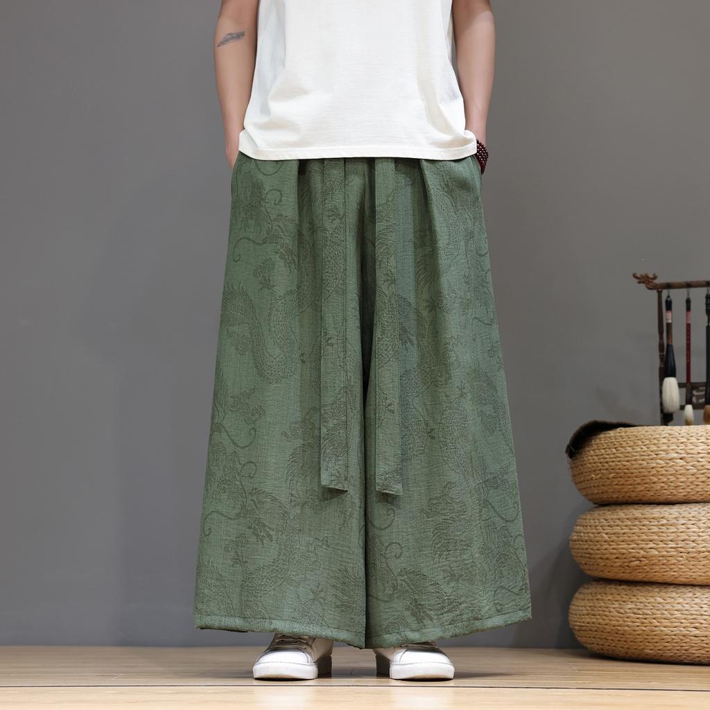 Mens Chinese Style Dragon Pattern High Waist Wide Leg Large Size Casual Long Pants