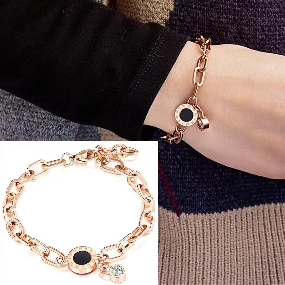 Luxury Gold Stainless Steel Crystal Pendant Bracelet for Women New Trendy Circle Roman Numerals Bangle Party Jewelry