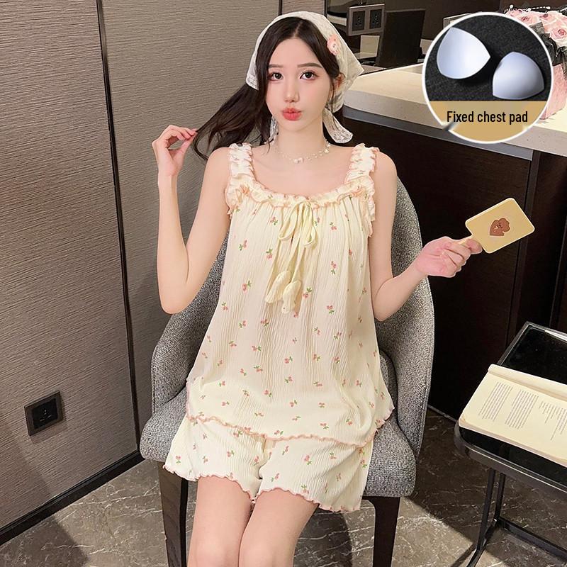 Women's Summer Bubble Cotton Pajamas - Cute Princess Style with Chest Pads & Suspender Shorts, Ideal for Homewear