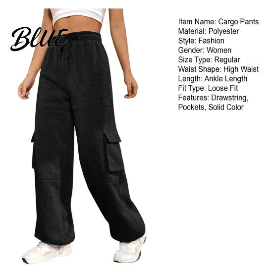 Loose Leg Trousers Women Cargo Pants Elastic High Waist Adjustable Drawstring Long Wide-leg with Multi Pockets Wide Design Solid Color Casual