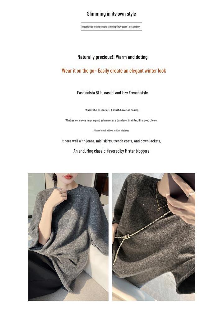 Mid-Length Sequin Wool Knitwear: 5-Sleeve Round Neck, Loose Fit