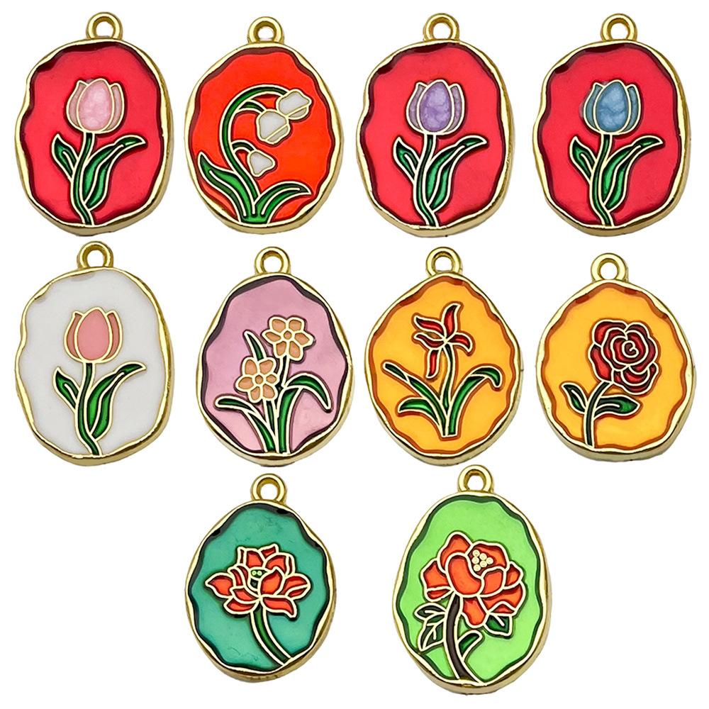 Ancient Gold Enamel Oil Drop Pendant Tulip Rose Lily Diy Bracelet Necklace Jewelry Accessories
