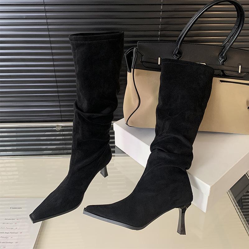 2025 new pointed thin heel pleated western cowboy boots autumn and winter new stacking boots high heel but knee boots