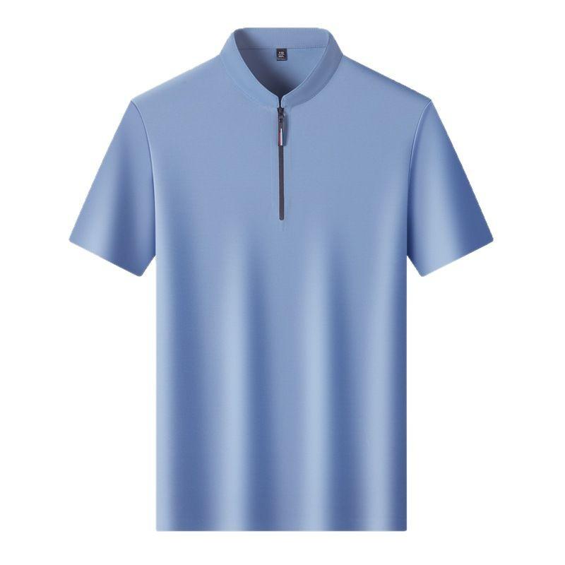 Men's Casual Fashion Solid Color Short Sleeved Polo Shirt Stand Up Collar Versatile Comfortable Top