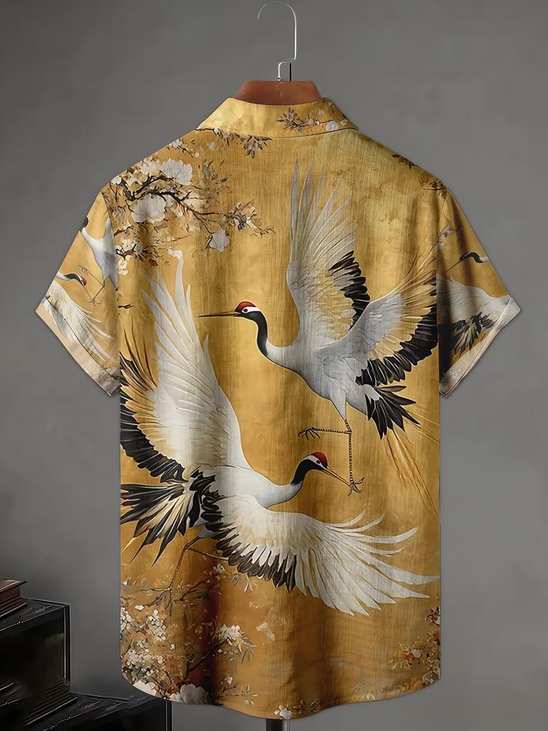 Elegant Crane-Pattern Men'S Short-Sleeve Shirt, Casual Summer Fashion Suitable for Outdoor Activities And Social Gatherings, Perfect Gift for Father'S