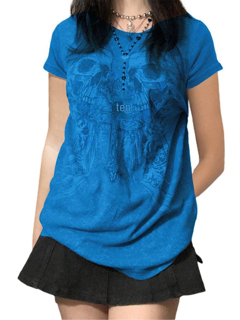 2023 European & American Halloween Skull Print Casual Women's Short Sleeve Sweatshirt Top