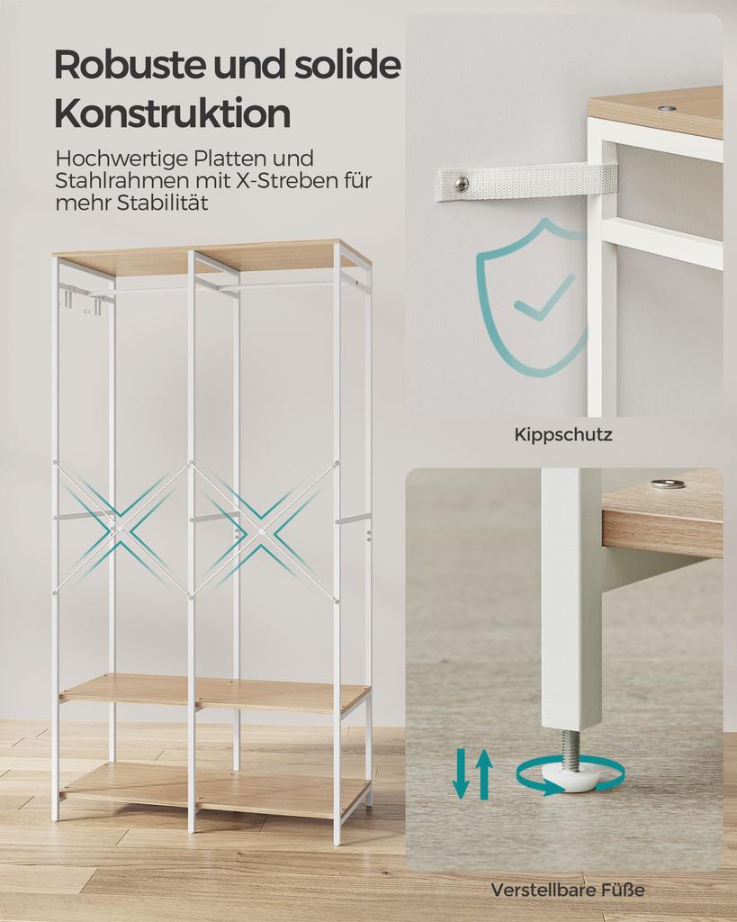 SONGMICS Portable Clothes Wardrobe, Foldable Closet, Clothes Rack Freestanding, Closet Organiser, with Hanging Rods, Storage Shelves, Removable Hooks