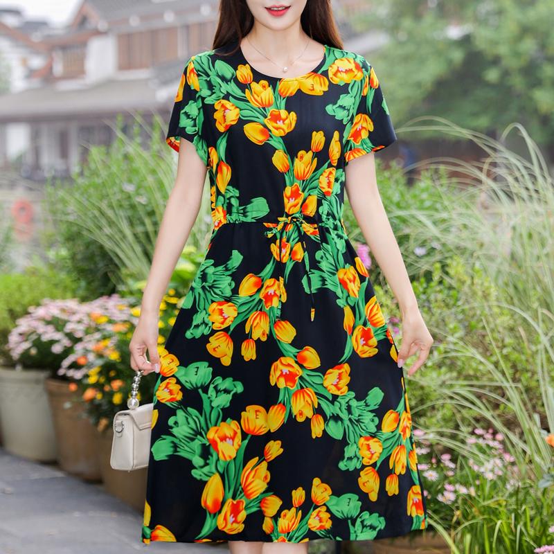 Letnia kobieta elegancka sukienka nowa dorywczo z krótkim rękawem ubrania w stylu koreańskim damska długa sukienka z nadrukiem w stylu vintage