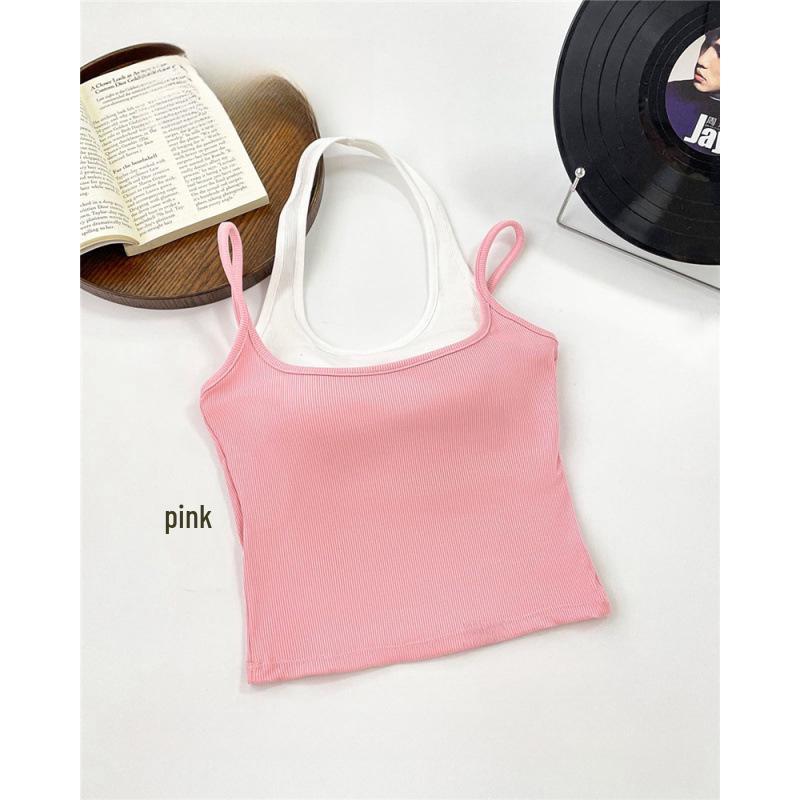 Fashionable Color Block Halterneck Slimming Retro T-Shirt Vest