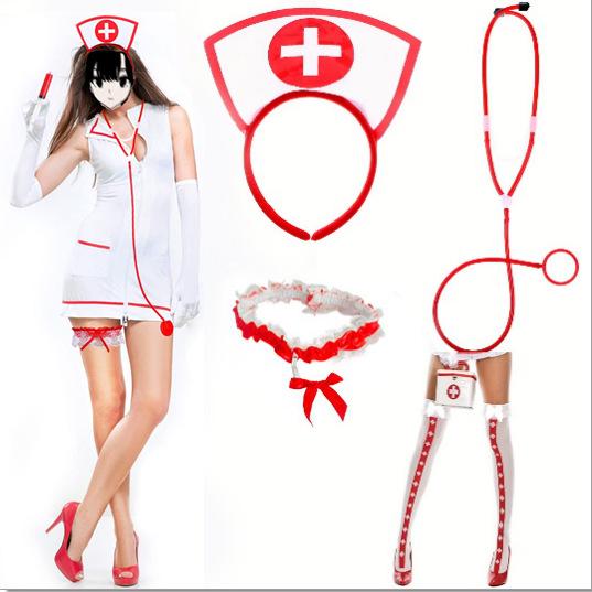 Halloween Nurse Headwear with Fake Stethoscope Pen Sexy Nurse Headwear Headband Lace Red Cute Cosplay Costume Birthday Makeup