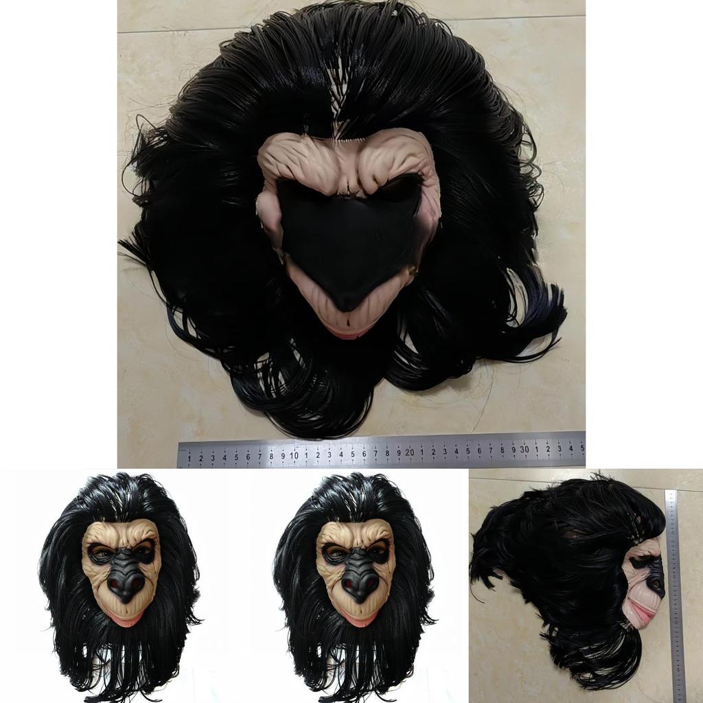 Latex Schwarzes Langes Haar Affenkopfmaske Für Halloween-Kostüme Und Party-Rollenspiel