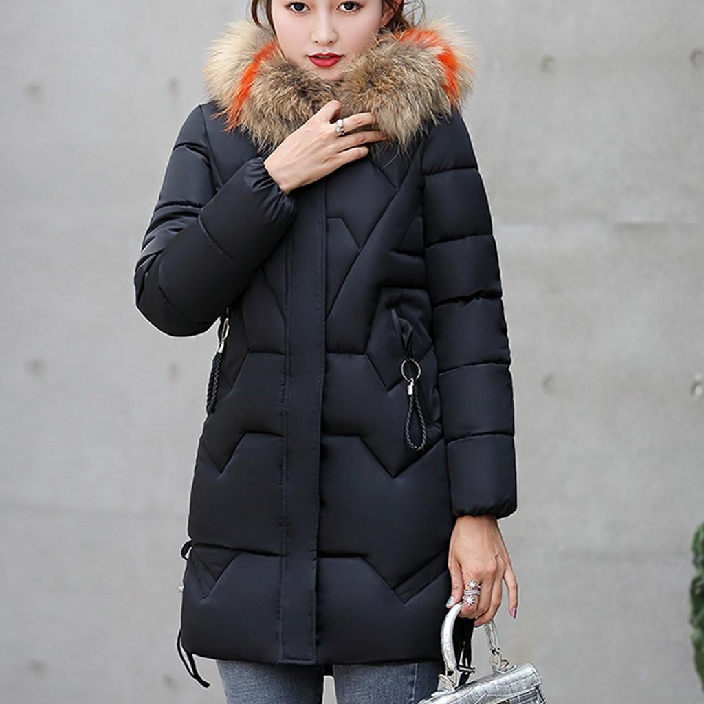 Women's Fashion Big Hair Collar Slim Waist Long Down Cotton Jacket Cotton Coat