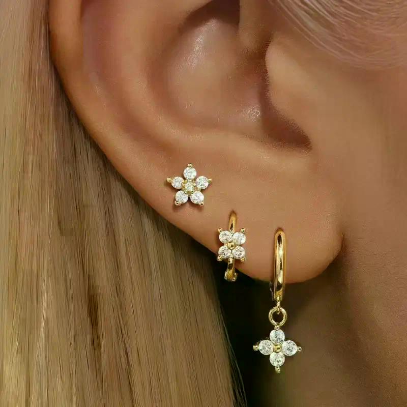 3PCS Fashion Cute Zircon Flower Ear Stud For Women Fashion 18K Gold Plated Star Ear Stud Earring Piercing Girl Set Jewelry Gift