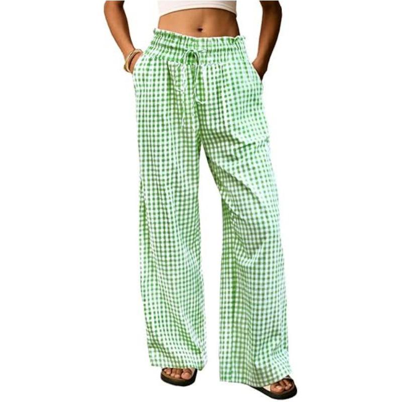 European Plaid Women's Wide-Leg Elastic High-Waist Pajama Pants with Drawstring