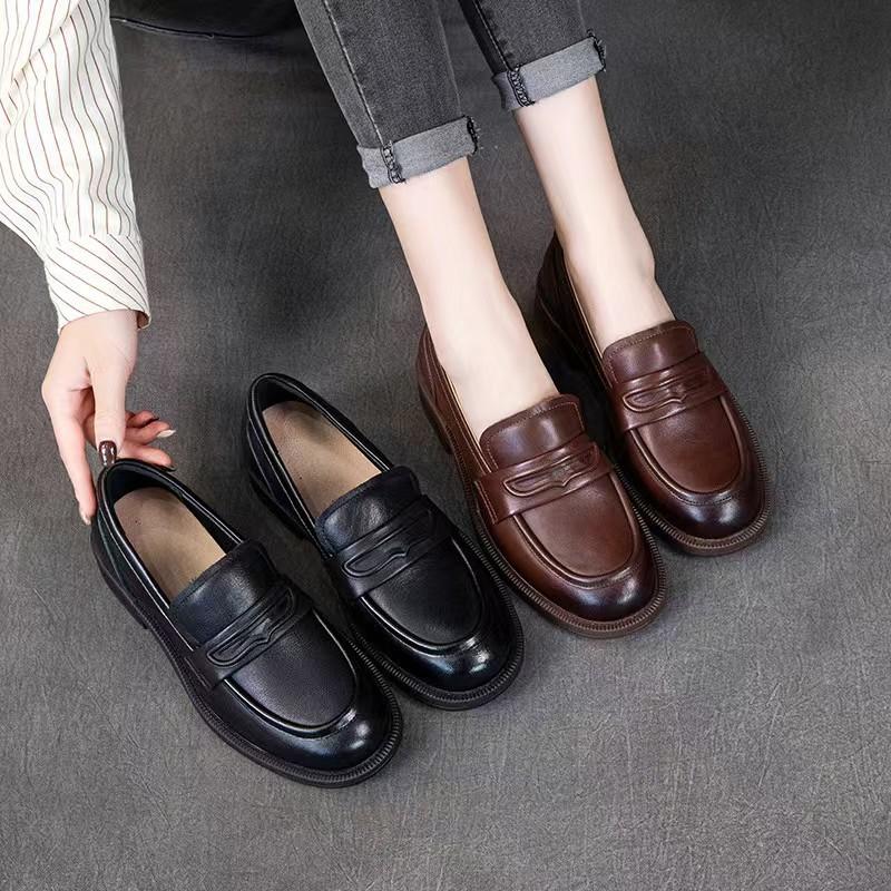Leather retro one-pedal lazy shoes women's thick heel single shoes new small leather shoes flat bottom
