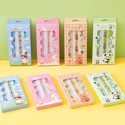 Juego de 6 Piezas/Set de Papelería Diseño de Dibujos Animados Suministros Escolares Completos con Lápiz Borrador Regla Kit de Papelería para la Vuelta al Cole