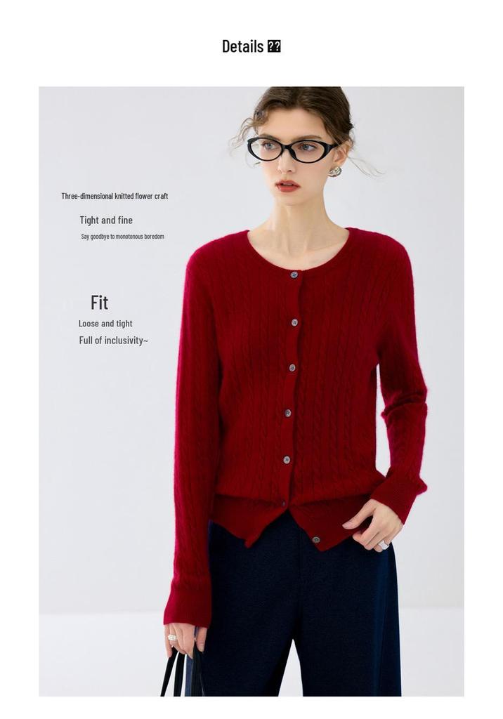 Lekasha Cashmere 12-Gauge Cable Knit Round Neck Cardigan Sweater Coat