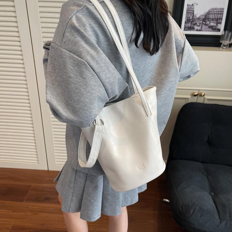 Casual Solid Color Trendy Fashion Stone Pattern Portable Bucket Bag Large Capacity New Summer Shoulder Commuter Bag