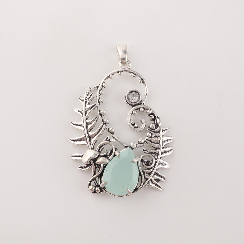 Aqua Chalcedony Gemstone 925 Sterling Silver Handcrafted Unique Pendant 1.8" CP-42-18