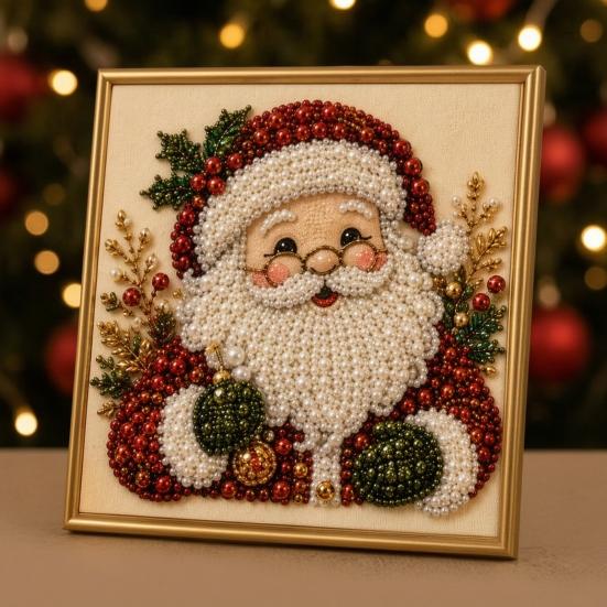 Sparkling 3D Painting Canvas DIY Christmas Faux Pearl Art Kit with Frame, Santa Winter Holiday Theme Craft Supplies Beads for Adults Beginner,