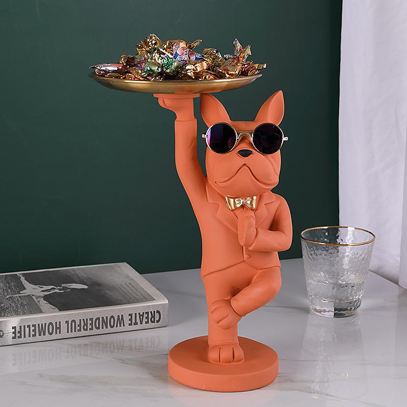 KungFu Bulldog Butler With Tray for Keys Jewelry Stock Storage Nordic Home Decor Dog Statues Resin Sculpture Desk Decoration