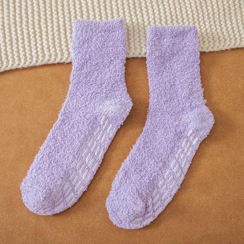 Non-shedding Coral Fleece Socks - Women's Solid Color Anti-slip Adhesive Socks for Winter and Autumn Warmth - Towel Half Fleece Floor Socks