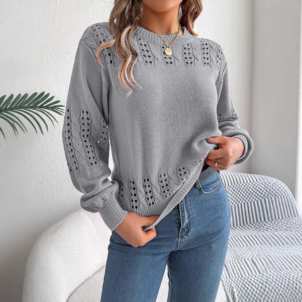GMXIA Autumn and Winter Casual Solid Color Hollowed-out Lantern Sleeve Pullover Sweater Women's Wear