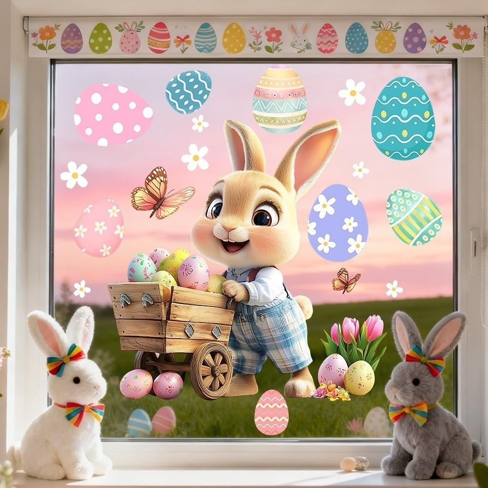 New Easter Flower Rabbit Sticker Self-Adhesive PVC Festival Party Sticker Waterproof Removable Wall Decal Wall Decoration