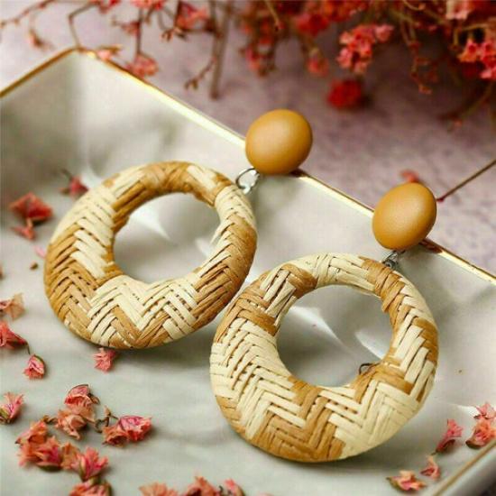 Wood Earrings Jewelry Bamboo Dangle Geometric Rattan Circle Women 2024 Fashion