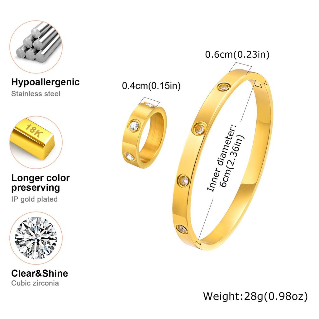 Vnox Luxury Love Ring Bracelets Gift for Women, Heart CZ Stone Inlay Gold Plated Stainless Steel Cuff Bangles, Mothers Day Gift