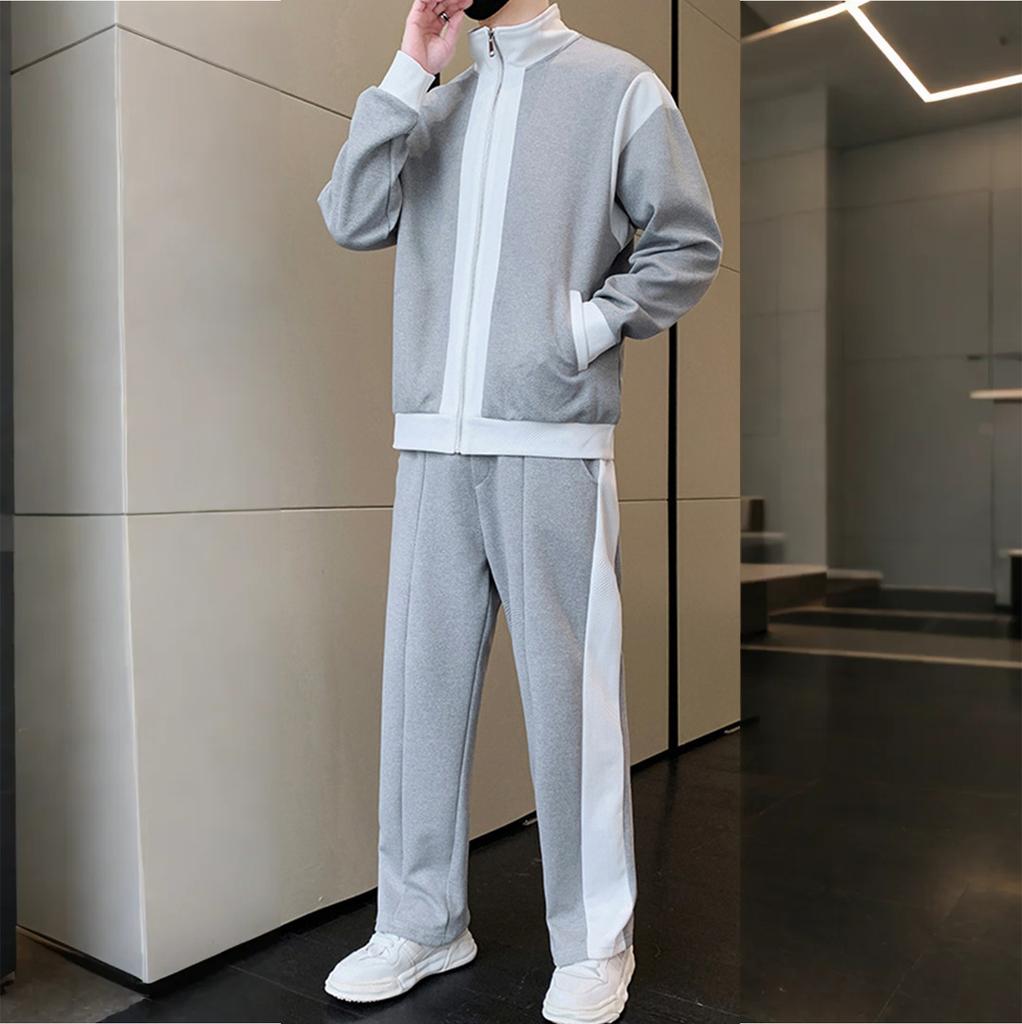 Men's Casual Sports Suit Stand Collar Long Sleeve Patchwork Jacket Drawstring Trousers Suit