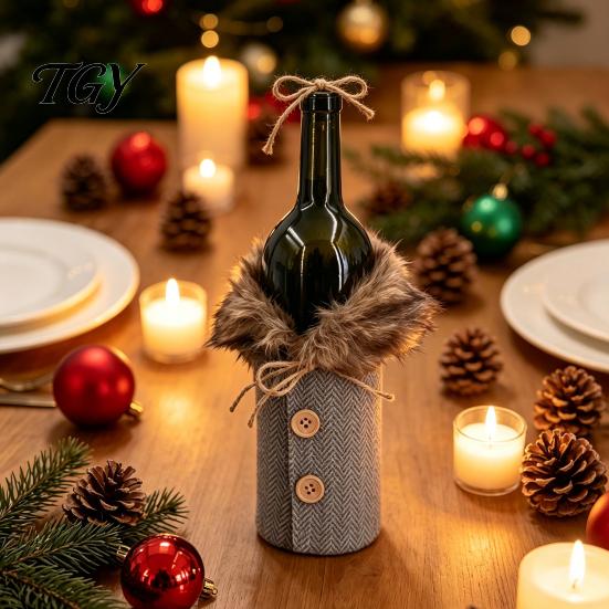 Herringbone Tweed Wine Sleeves Christmas Sweater Bottle Cover, Faux Fur Collar And Button Festive Cover for Home Coat Design Plaid Clothes Party