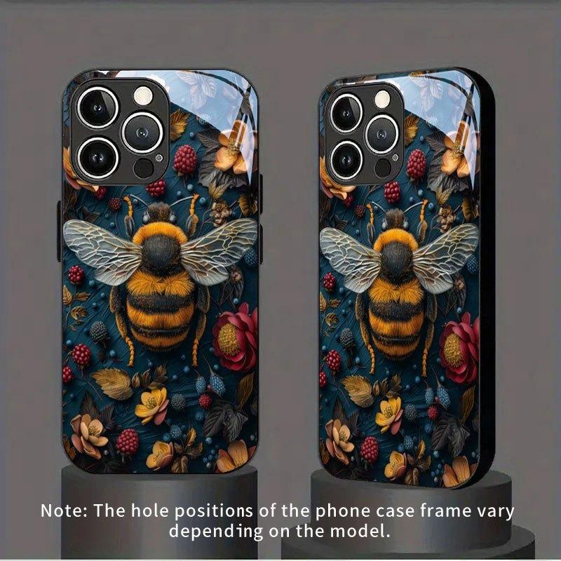 Berries Flowers Bees Pattern Tempered Glass Phone Case For iPhone 17 16 15 14 13 12 11 Pro Max 17 Air 7 8 Plus XR XS X Cover