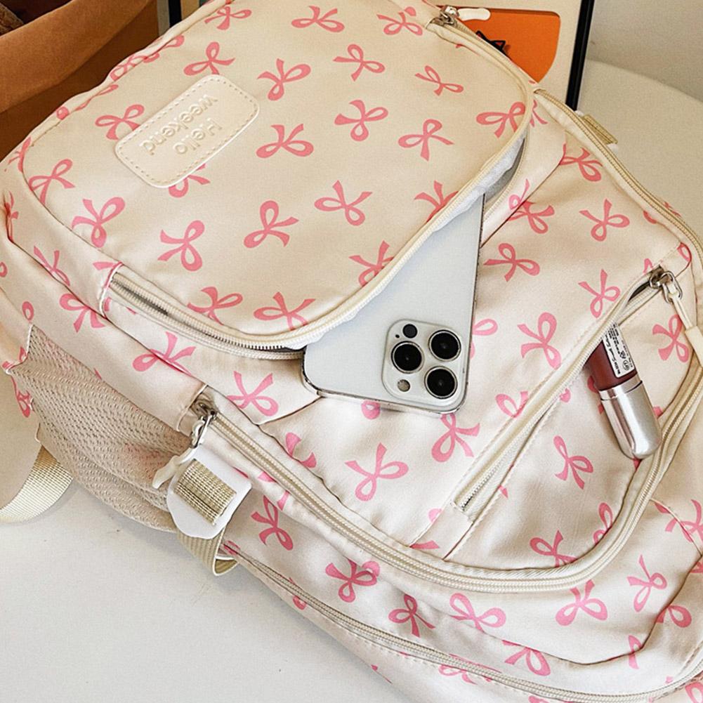 3Pcs/Set Fashion Large Capacity Bow Backpack Bow Print Nylon School Bag Adjustable Strap Student Backpack