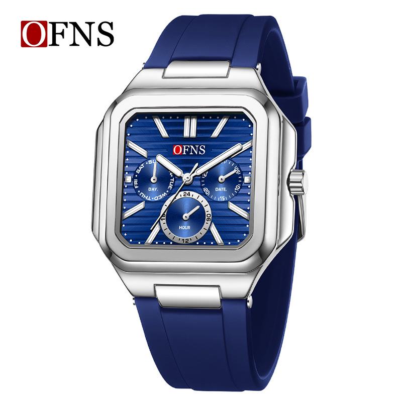 OFNS Six-Hand Men's Square Quartz Watch: Luminous, Day-Date, 30M Waterproof, Silicone Steel Band, Hot Seller