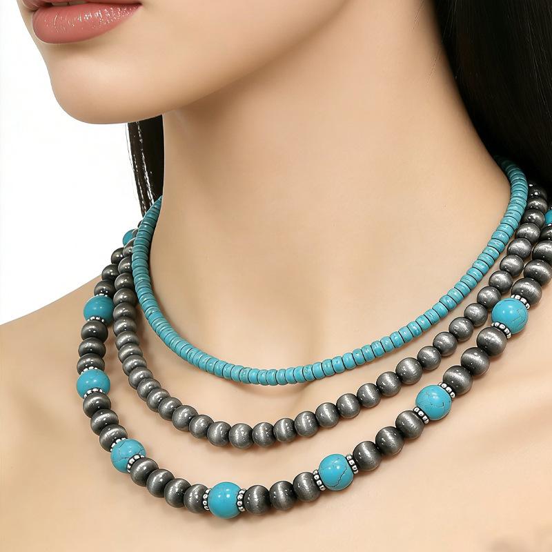 

European and American Navajo style turquoise necklace, women stacked with high-end three-piece set, ethnic tin bead neck chain