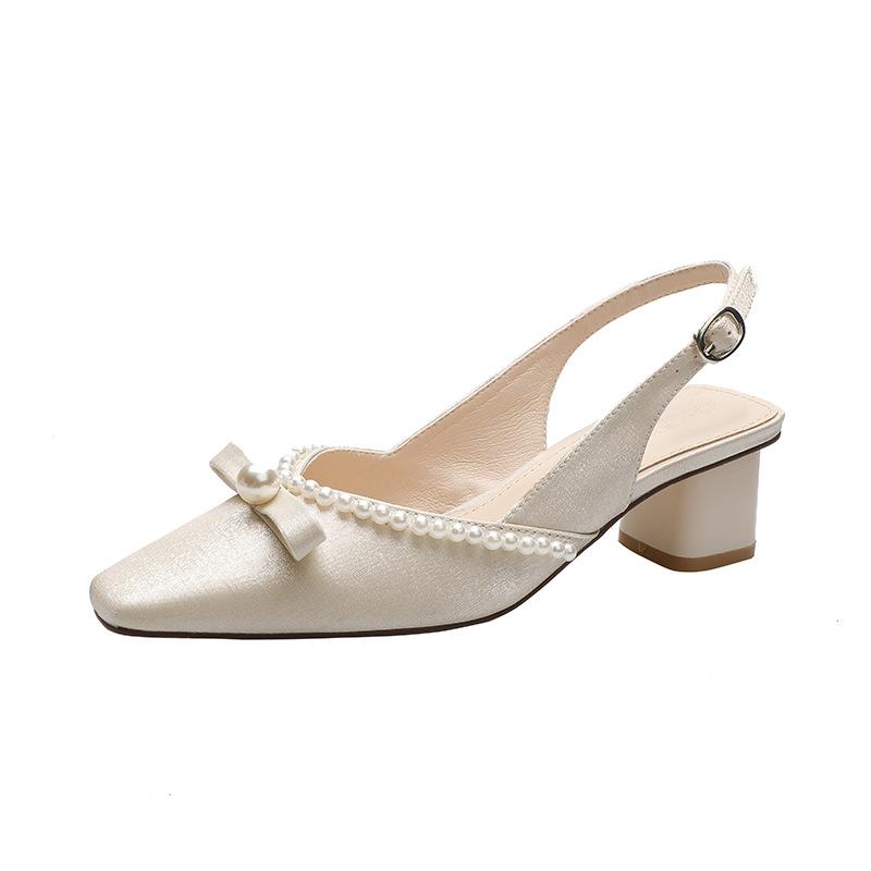2025 new bag head sandals women wear high heels in summer, square head back strap, pearl fairy style thick heel single shoes